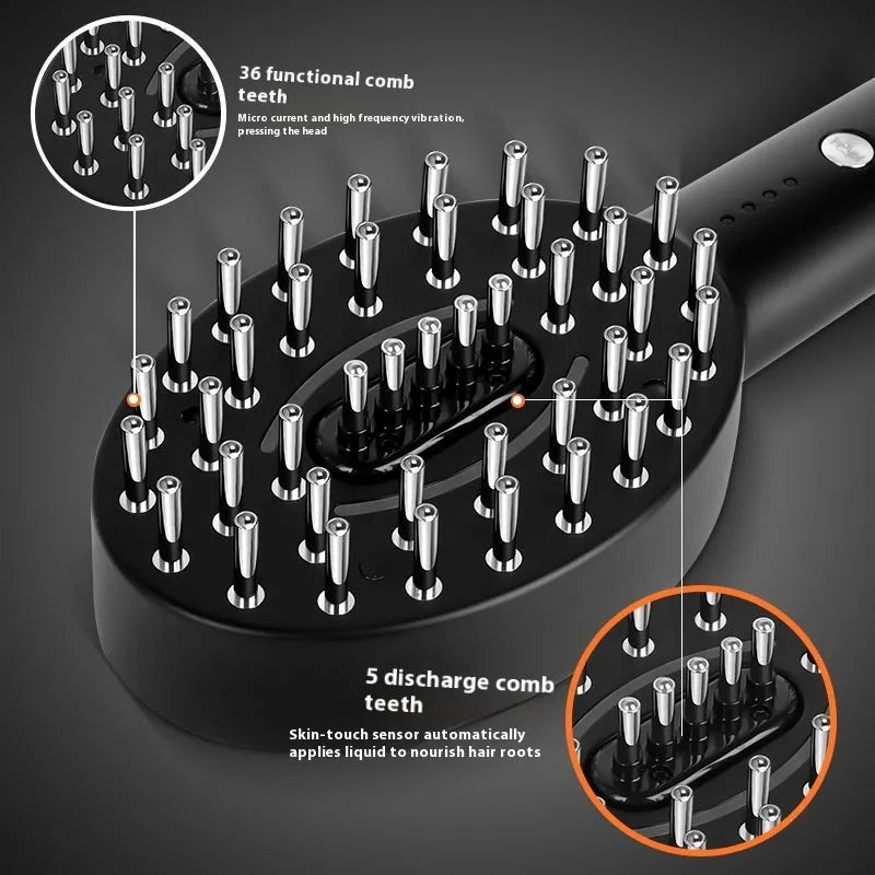 Black handheld scalp massage device with silicone nodes, showing ergonomic grip and control buttons