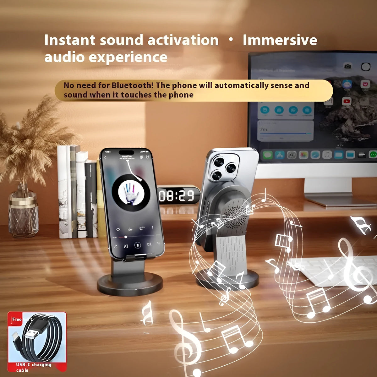 Three-in-one wireless induction speaker and Bluetooth phone bracket in black or white, common or mirror style, with built-in battery and USB cable.