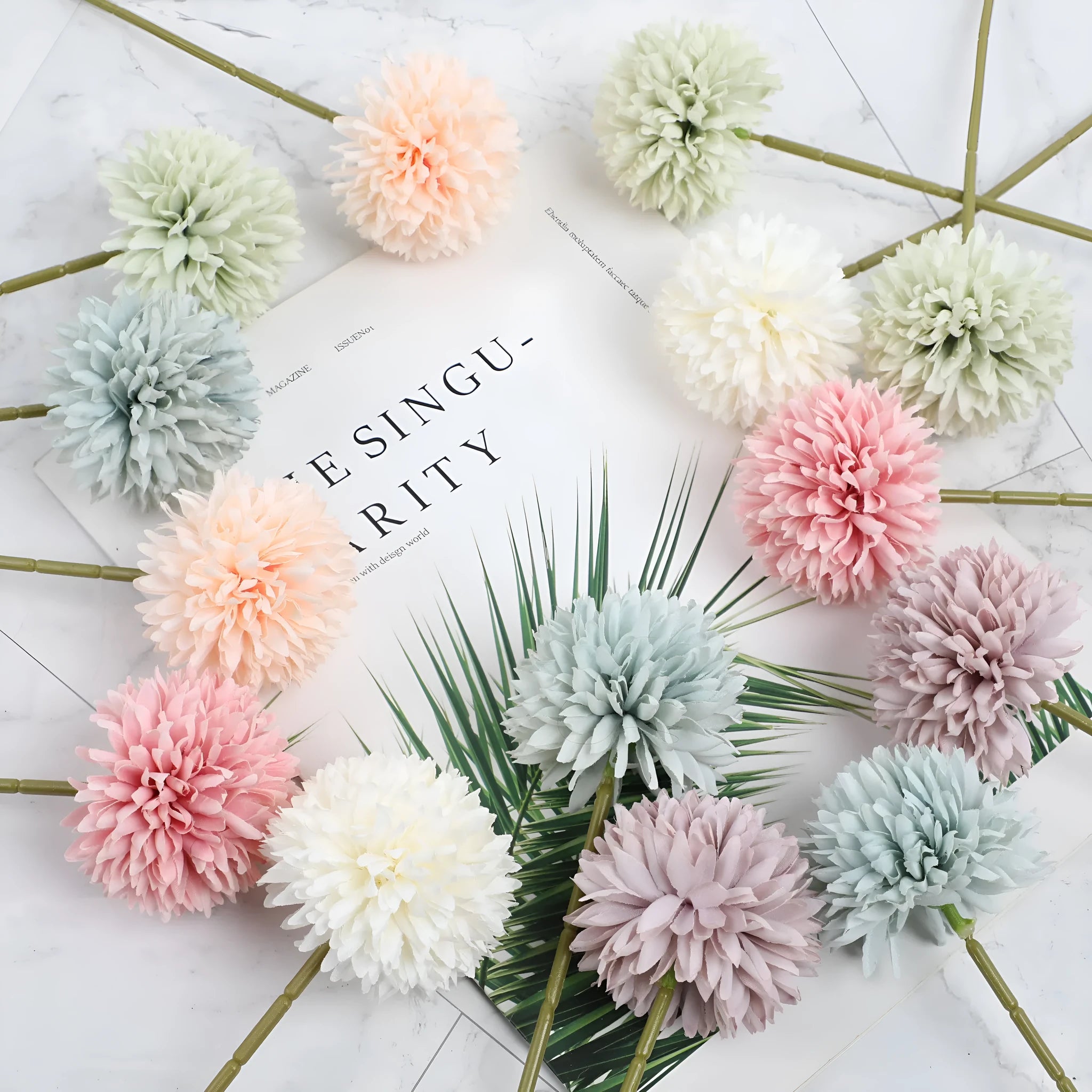 Set of six 30cm tall silk dandelion artificial flowers in white, blue, green, purple, champagne, and pink.