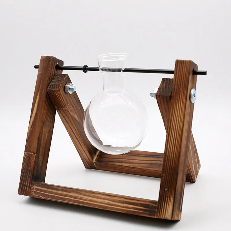 Swing wooden stand hydroponic plant container with borosilicate glass vase in geometric pastoral design