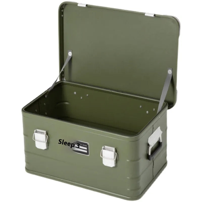 Field green aluminium alloy outdoor storage box with dimensions 58cm by 38cm by 28cm.
