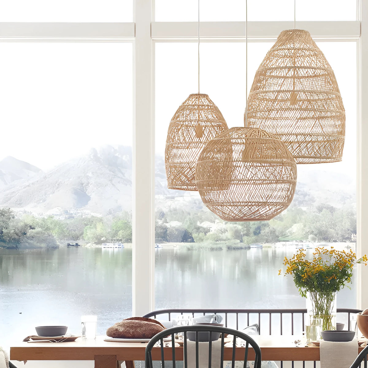 Hand-woven rattan chandelier with straw willow lampshade, ceiling light for 15-30 sqm rooms, brown and grey options