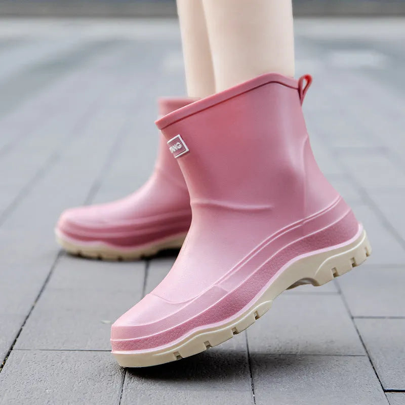 Women's waterproof rubber ankle boots with non-slip soles in multiple colour options
