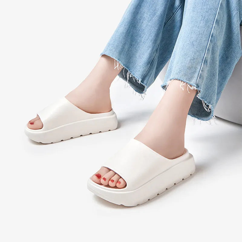 Women's beige fish mouth slippers with 5.5cm thick injection-moulded EVA soles for bathroom and beach use