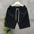 Men's black and white striped casual shorts with fleece lining, double-layer waistband, and ankle banding on straight-leg design