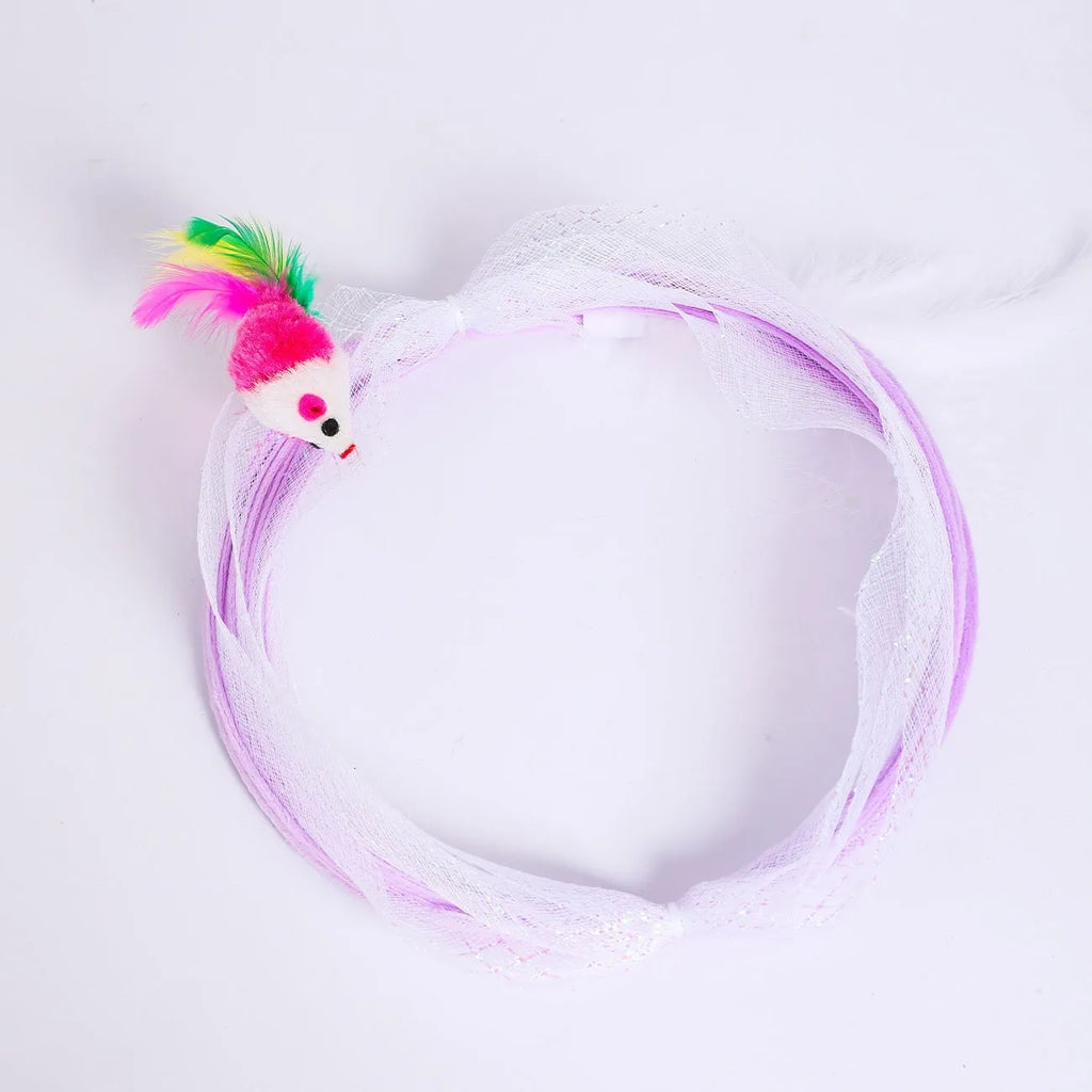 S-type cat tunnel toy with steel wire frame and elastic net fabric featuring feather stimulation elements