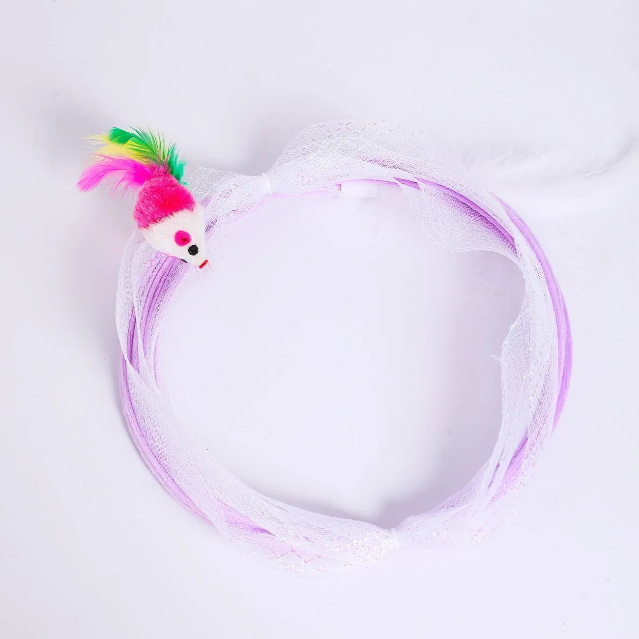 S-type cat tunnel toy with steel wire frame and elastic net fabric featuring feather stimulation elements