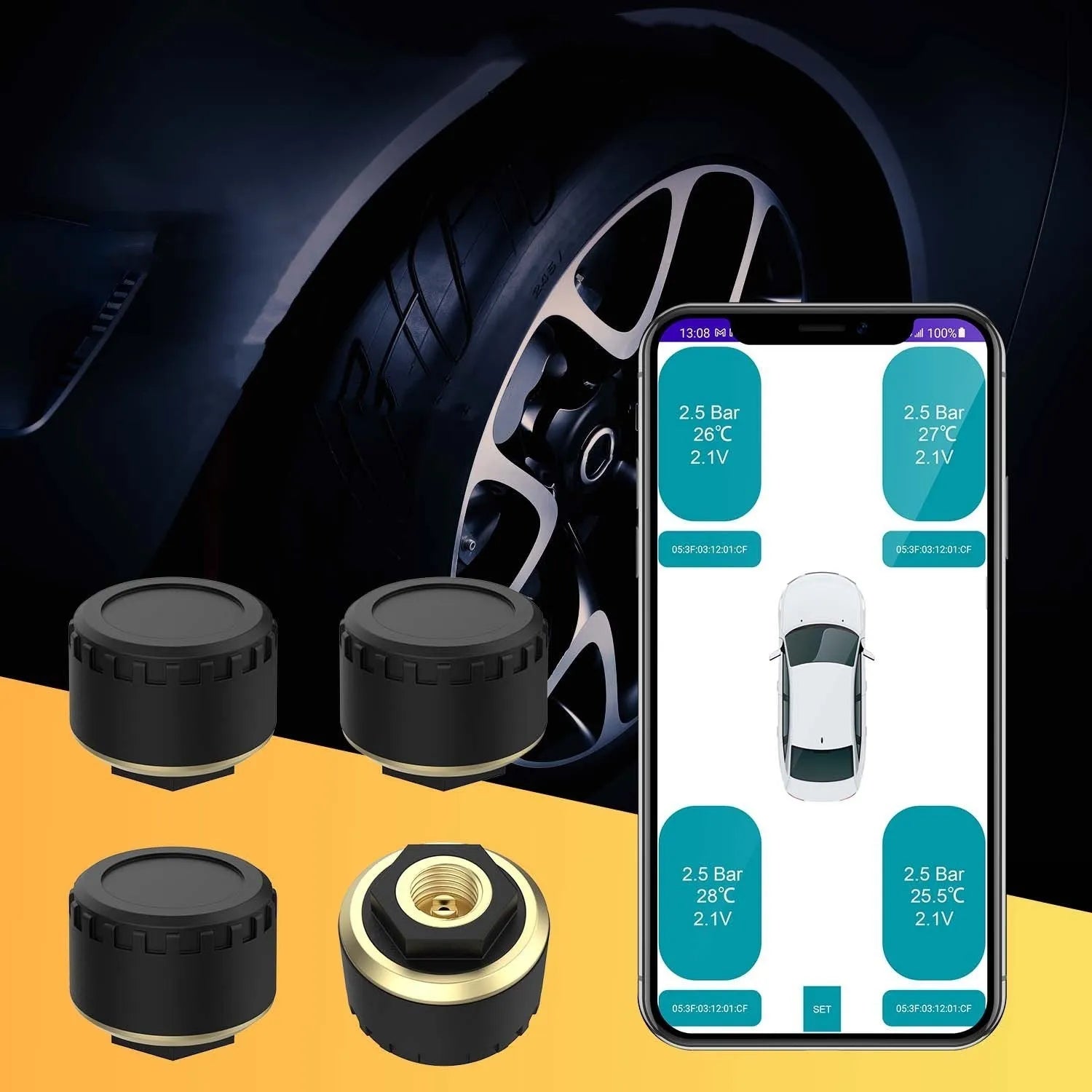 Bluetooth tyre pressure monitor with four sensors showing smartphone app display of real-time pressure readings