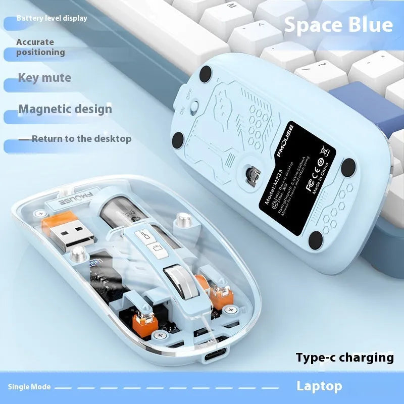 Transparent wireless mouse in space blue colour with USB interface, showing compact 113mm design on a laptop