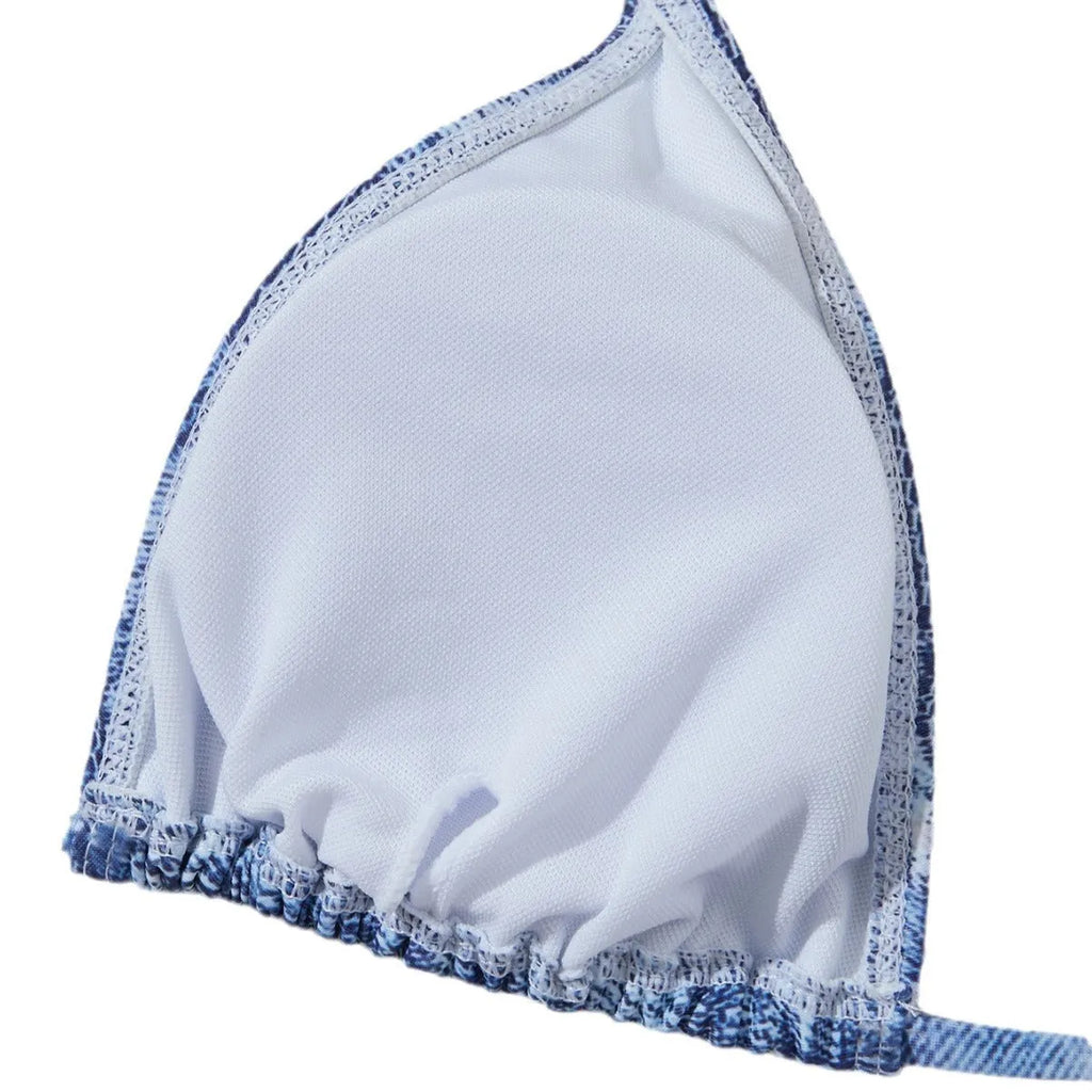 Women's denim blue bikini set with adjustable straps, showing front and back views on mannequin