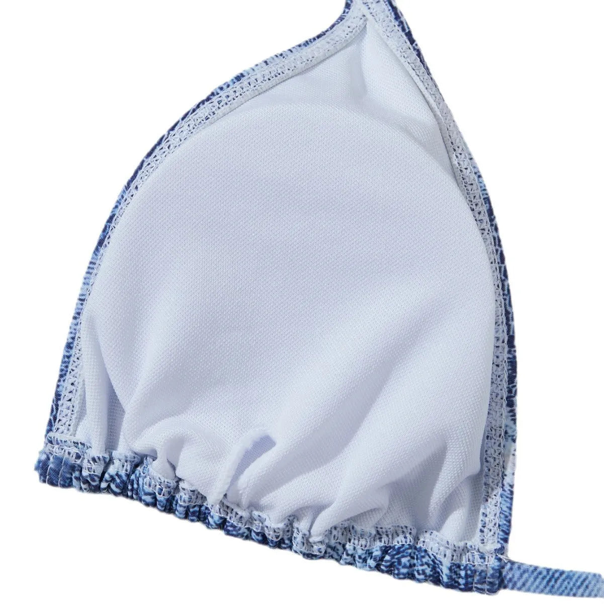 Women's denim blue bikini set with adjustable straps, showing front and back views on mannequin