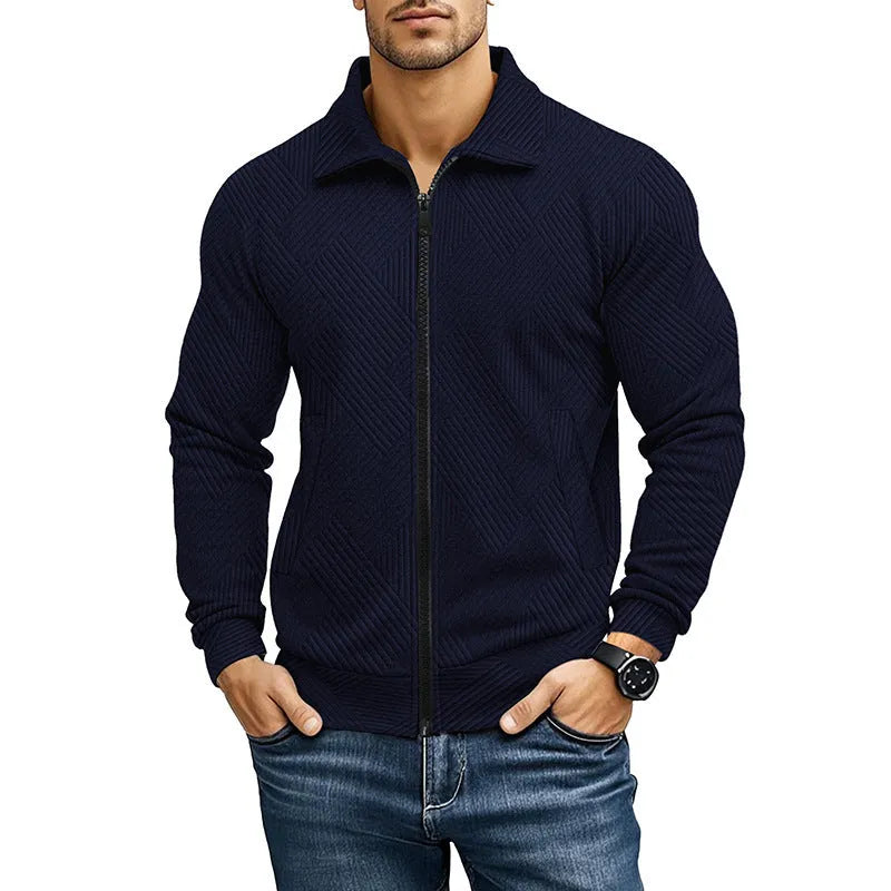 Men's solid colour British-style casual jacket with a turn-down waffle collar and long sleeves.