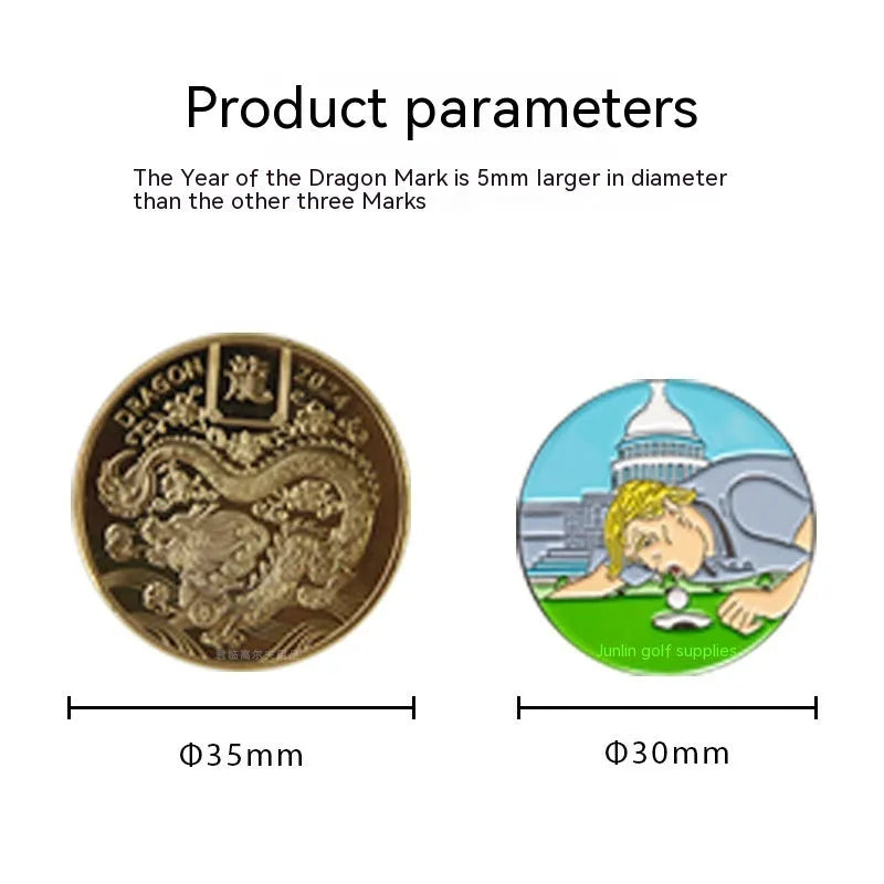 Zinc alloy golf hat clip with Dragon Year design, 3.5cm diameter, on golf hat