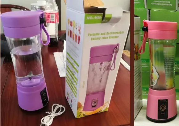 Pink portable USB blender with a transparent 380ml cup on a table, alongside a USB charging cable.