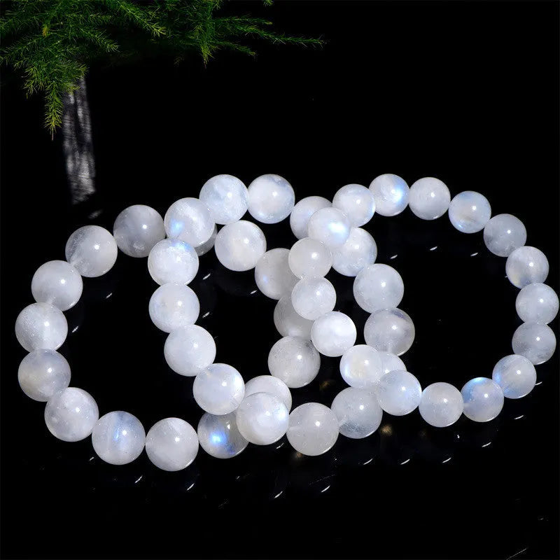 Natural blue moonlight round bead bracelet in white with polished moonstone beads, showing geometry shape and size range from 5 to 10mm