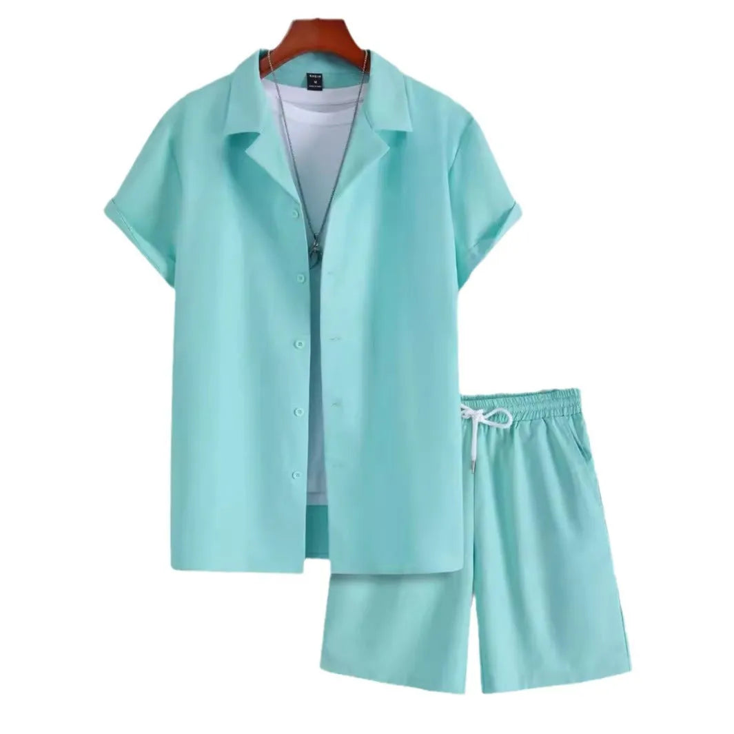 Men's light grey short sleeve Cuban collar shirt and matching shorts sport suit set