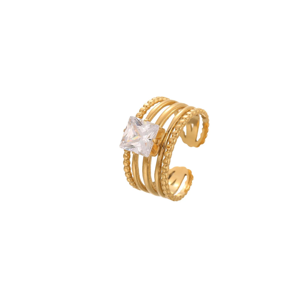 Gold coloured stainless steel ring with geometric and heart shapes, open mouth adjustable design.