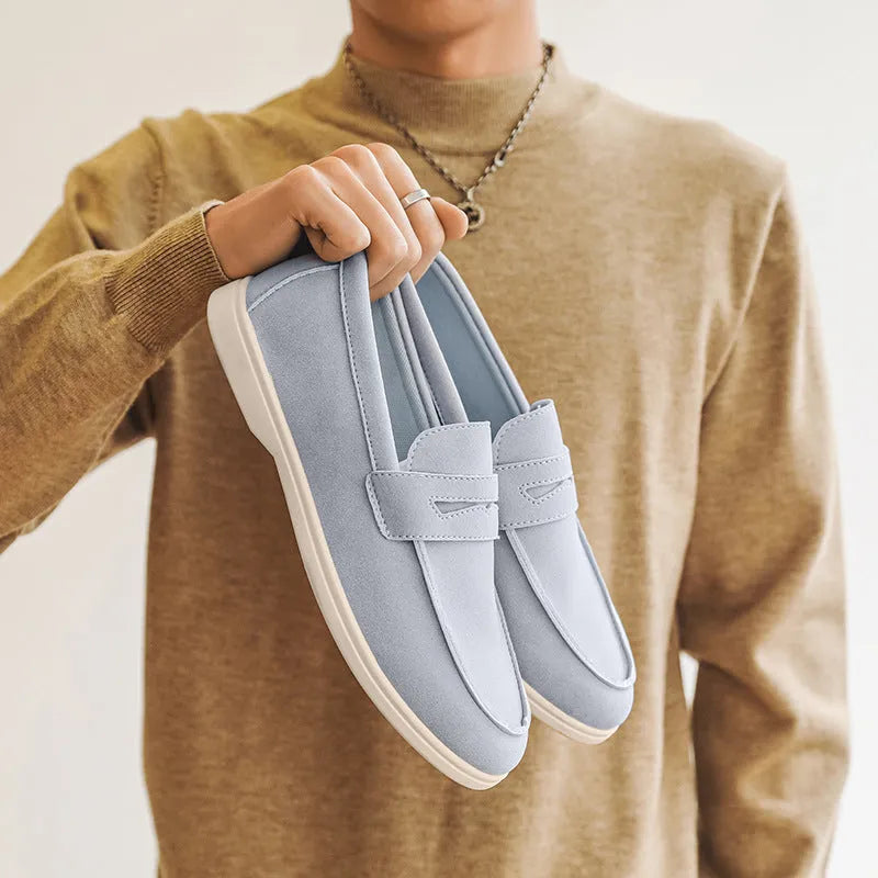 Men's suede casual shoes in beige, black, brown, or sky blue with a round toe and low flat heel.