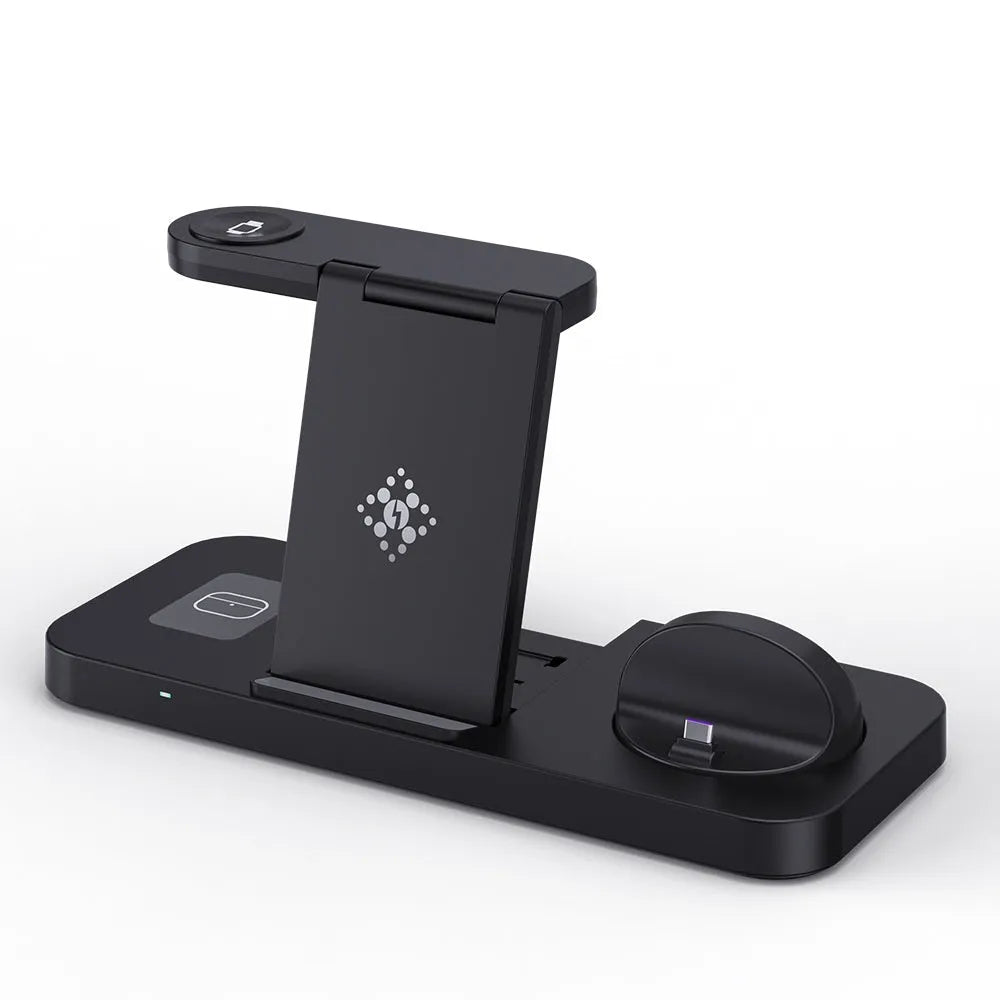 B-21 three-in-one wireless charging station for phone, watch, and headphones in black and white colour options.