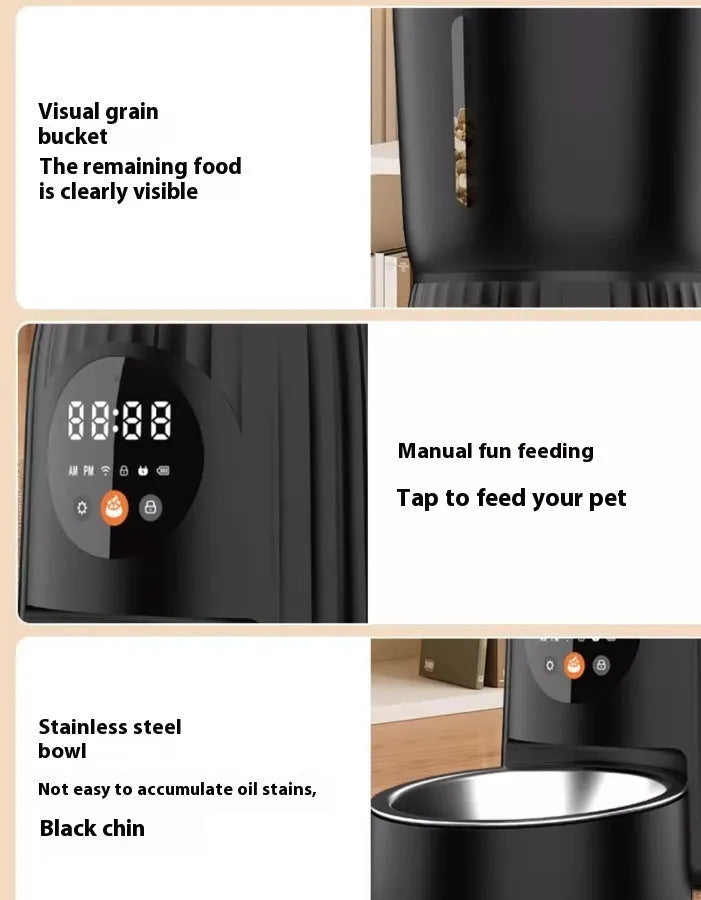 Black intelligent pet feeder with digital display showing feeding schedule, holding dry food