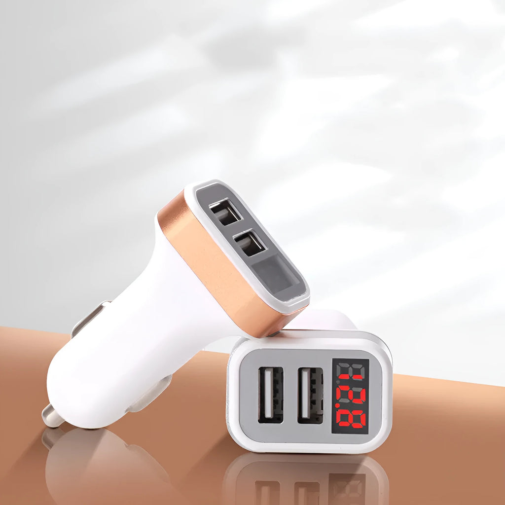 Gold digital display car charger showing voltage reading with USB port for device charging
