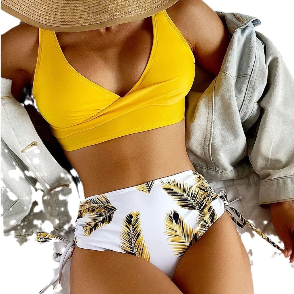 Women's black split drawstring bikini swimsuit with high waist briefs on a mannequin.