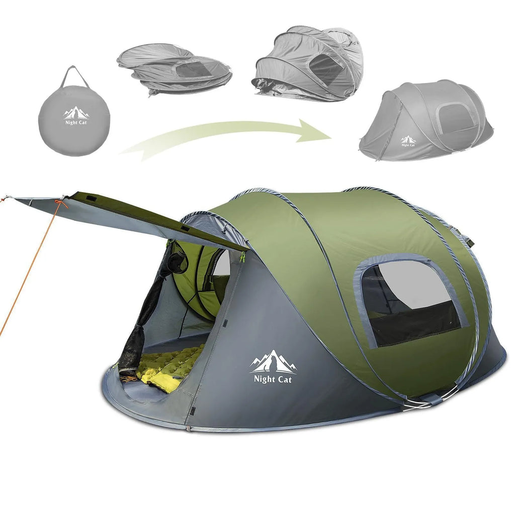 Dark green automatic camping tent pitched outdoors showing 2.9m length and rainfly with 1000-1500mm waterproof rating