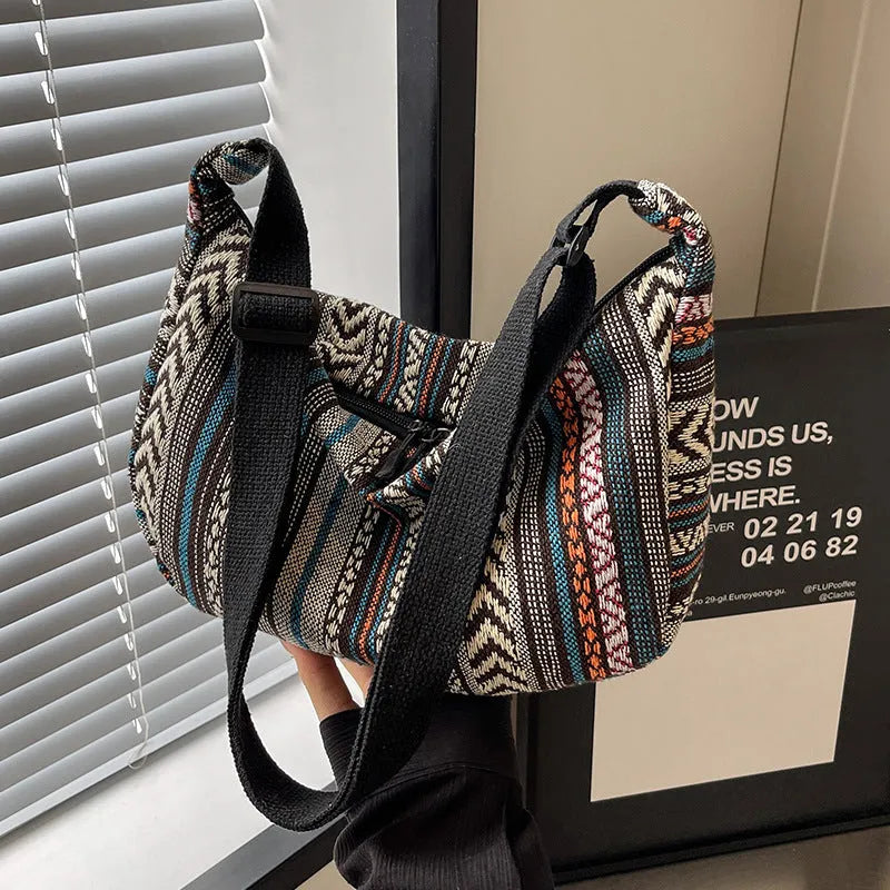 Women's ethnic style canvas dumpling crossbody bag in various colours