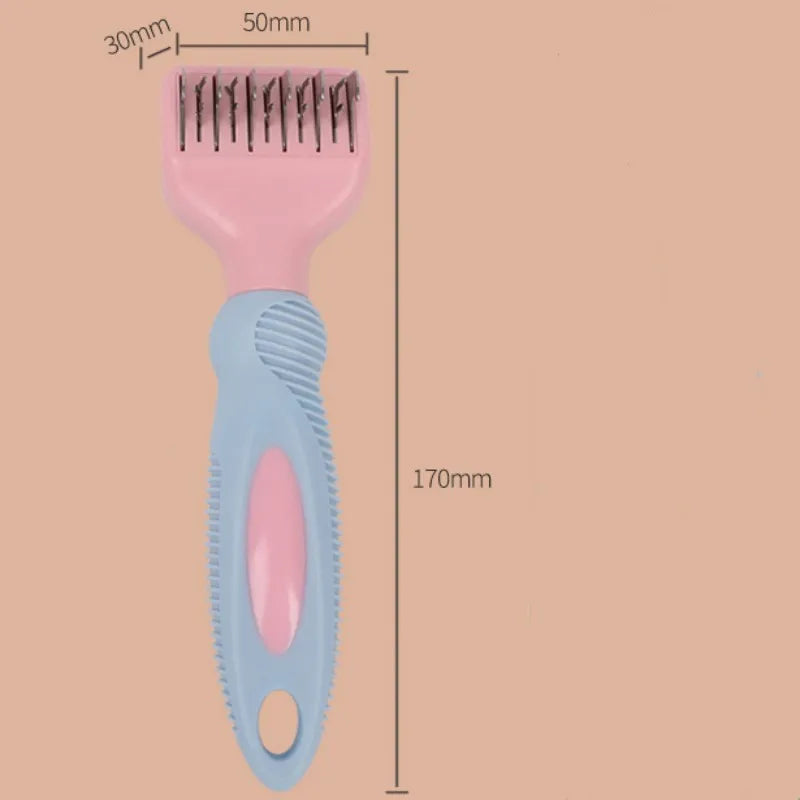 Stainless steel dog comb with knot knife measuring 170mm, available in pink or purple colours for pet grooming