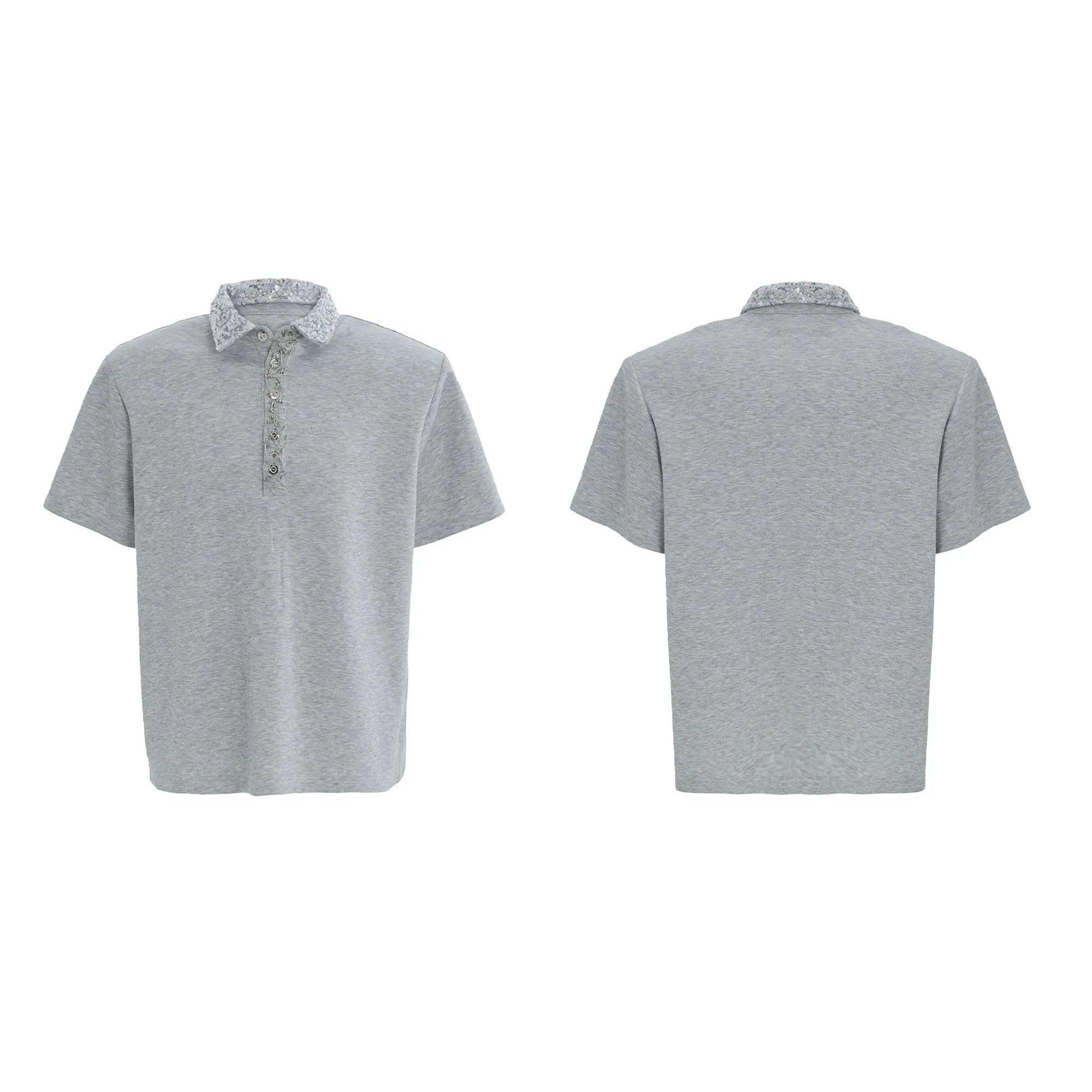 Men's black loose-fit polo shirt with embroidery sequins and square collar, short sleeves, on a hanger