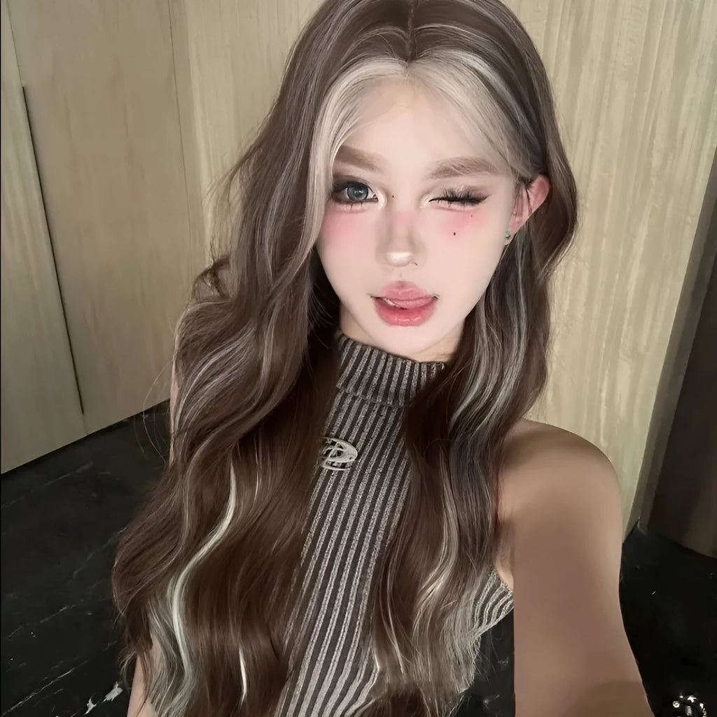 Long grey gold curly wig with lace front and golden highlights