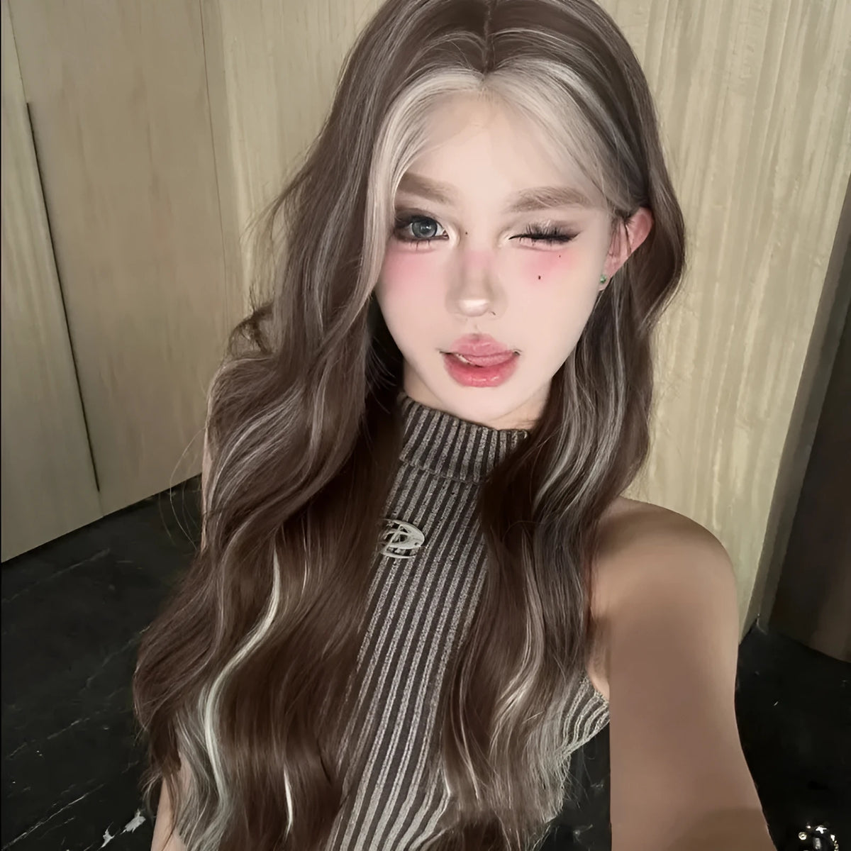 Long grey gold curly wig with lace front and golden highlights