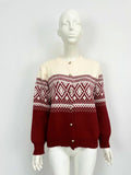 Women's red alpaca wool cardigan with diamond pattern and long sleeves