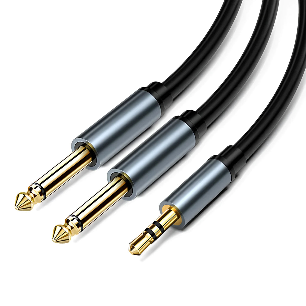 3.5mm to 6.5mm male-to-male audio cable with black sheath and gold-plated connectors.