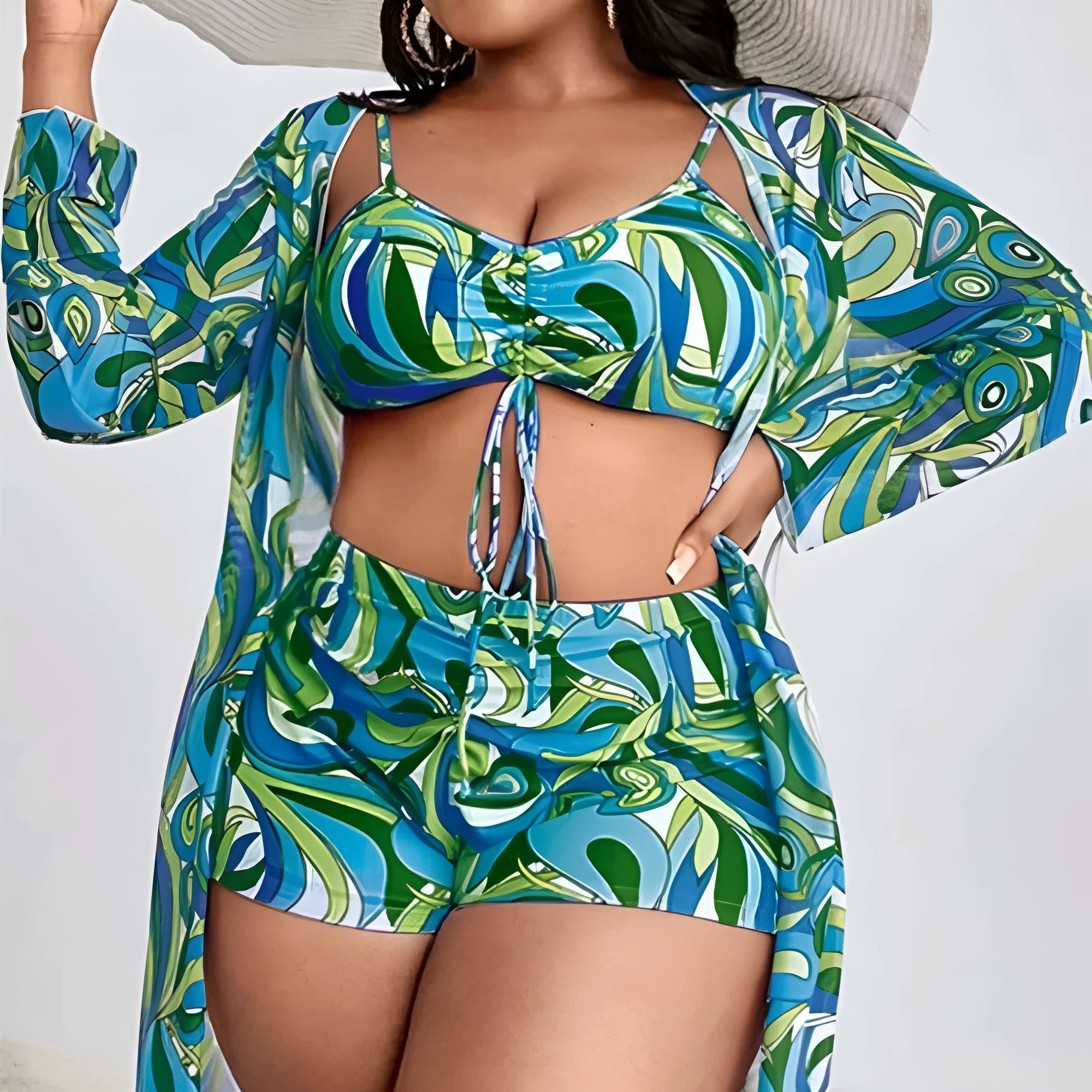 Women's floral print swimsuit bikini three-piece set with matching cardigan in larger sizes