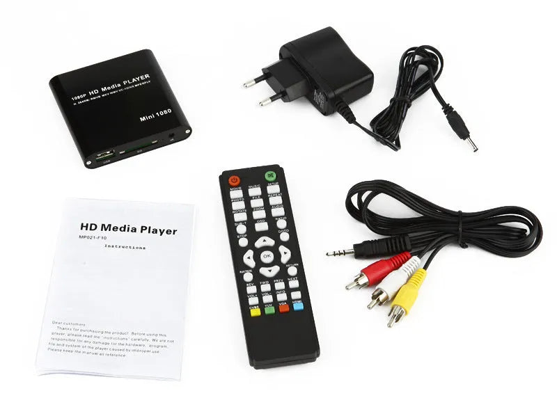 Compact black and blue Full HD 1080p media player with remote control on a wooden surface.