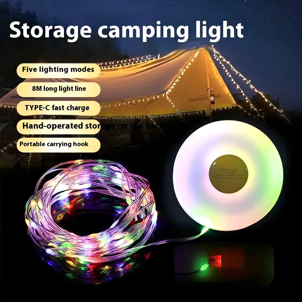 8 metre rechargeable outdoor tent string lights with 30 LED beads in warm white or multicolour modes