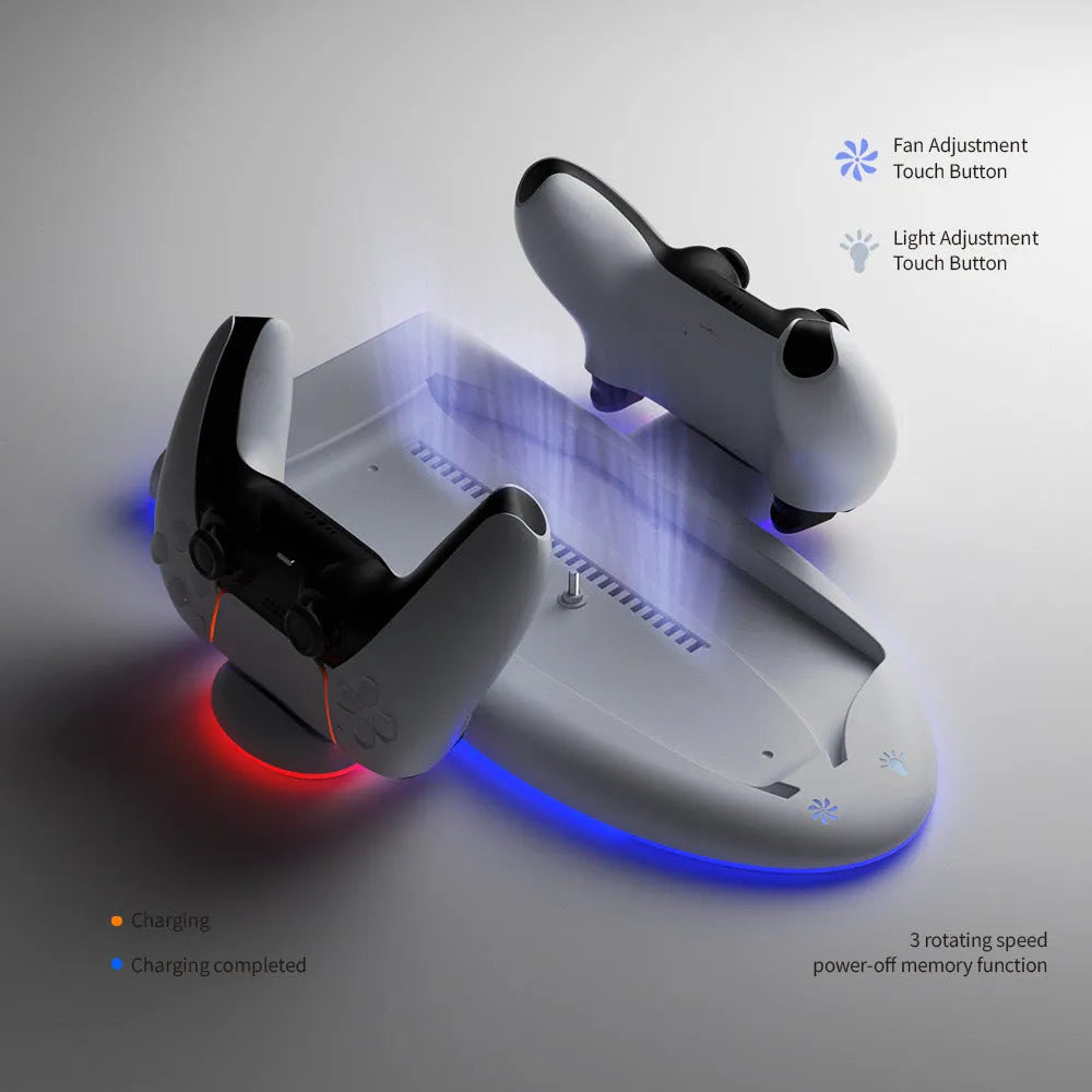 PS5 Slim multi-function cooler pad showing 29x22.8cm cooling surface with RGB lighting and charging station