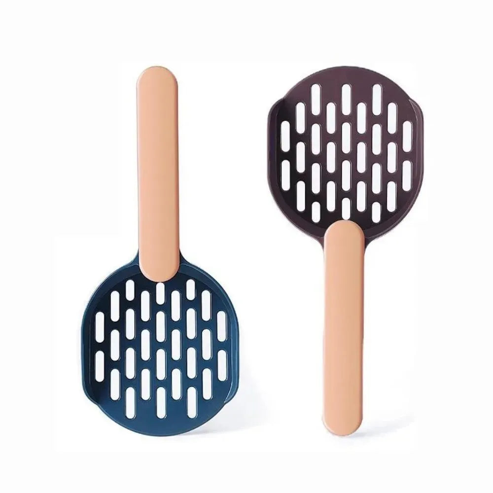 Blue plastic cat litter shovel scoop tool for cleaning litter boxes.