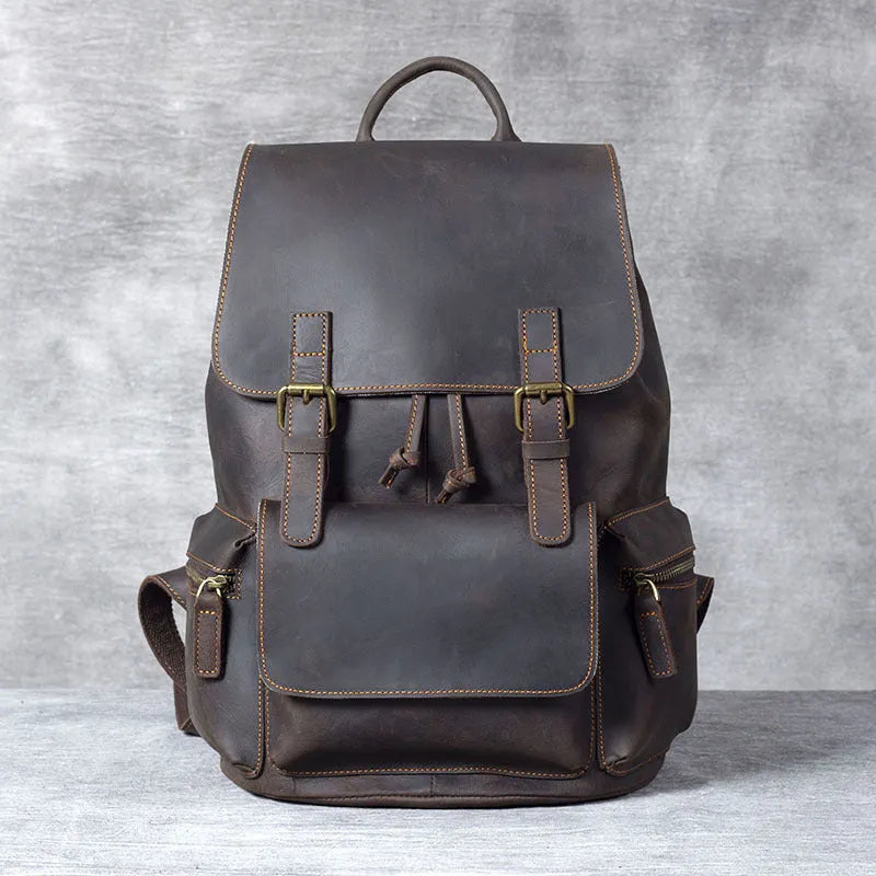 Brown Retro Crazy Horse genuine leather backpack with double straps and soft handle