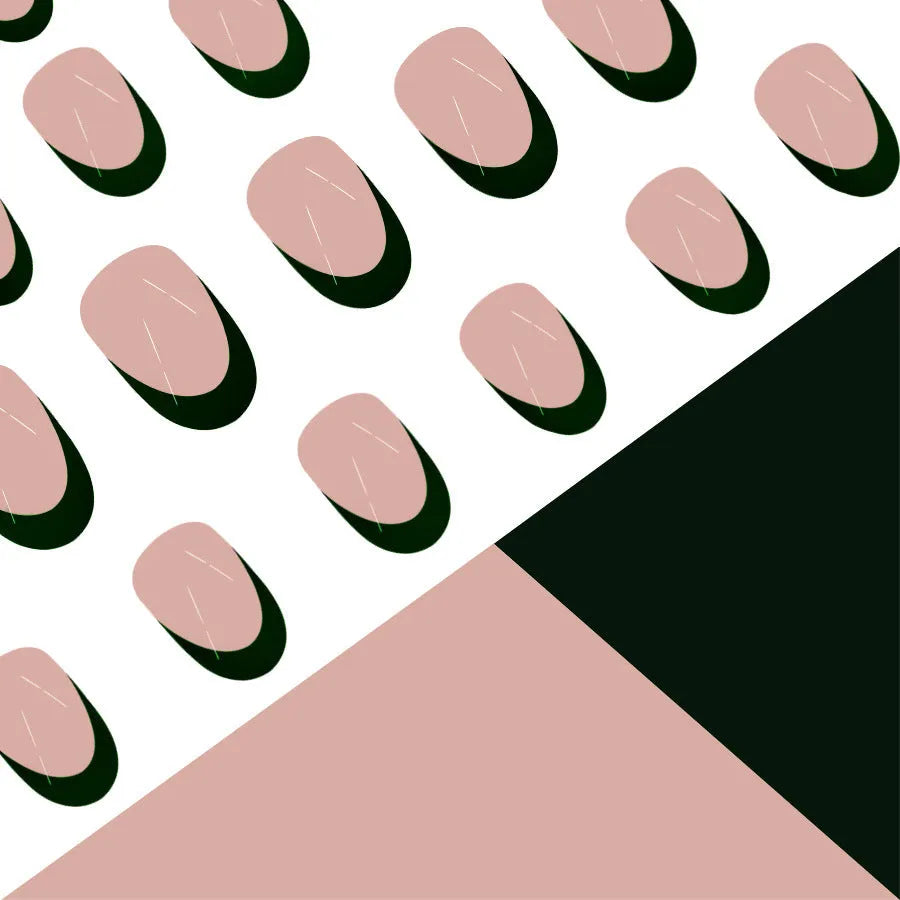 Almond-shaped false nails with black French manicure style, 24-piece set laid out