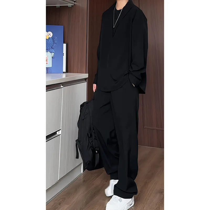 Men's black long sleeve polo shirt and trousers two-piece set in slim fit for casual wear