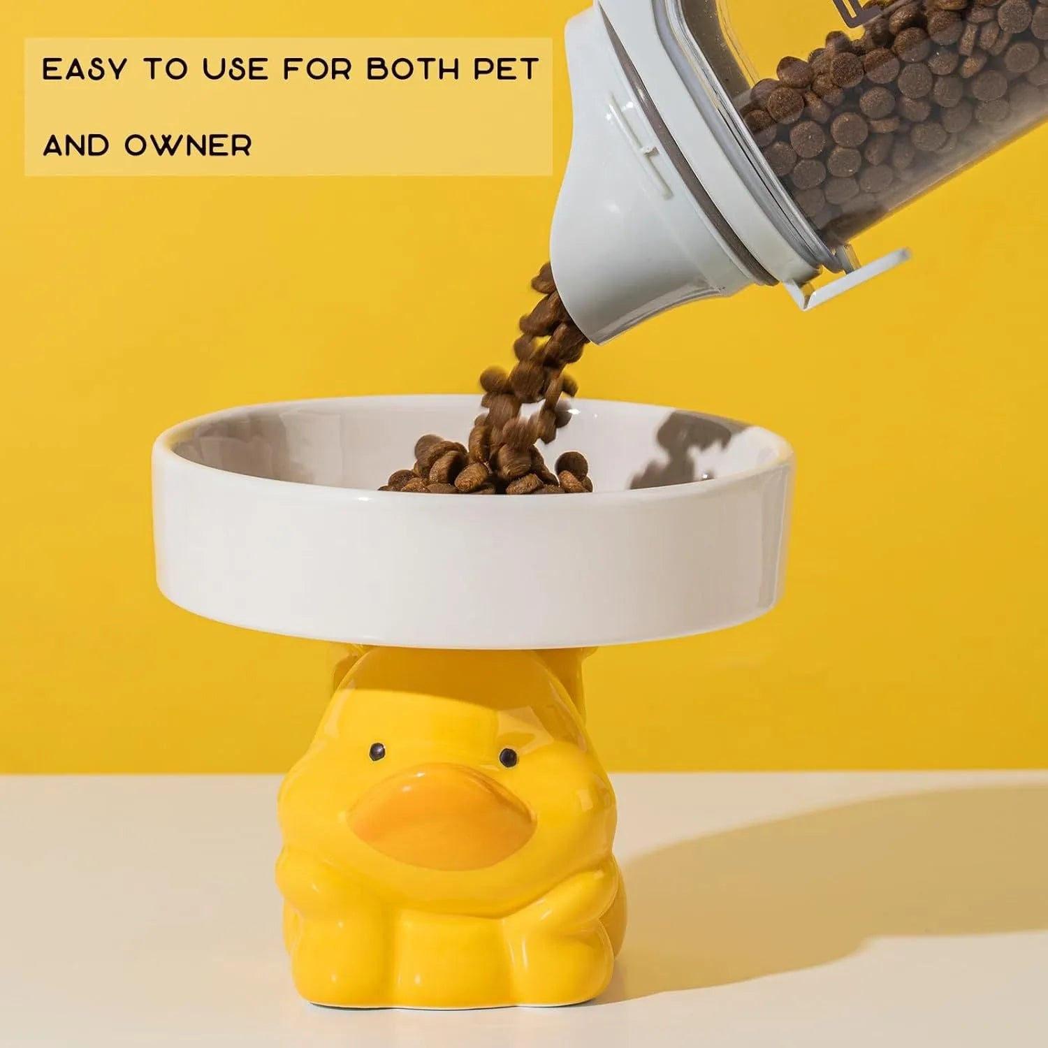 Raised ceramic cat bowl with animal design, showing 4.92-inch elevation and 5.9-inch wide opening for whisker-friendly feeding