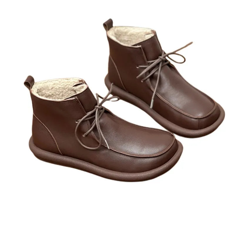 Women's black cowhide casual boots with velvet lining and flat round toe