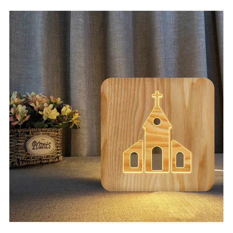 Solid wood hollow LED night lamp with warm white light, showing wooden lampshade and compact 190x190x30mm dimensions.