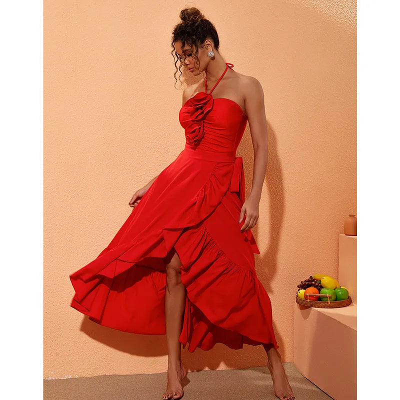 Red women's V-neck one-piece swimsuit with floral design and a detachable long skirt.