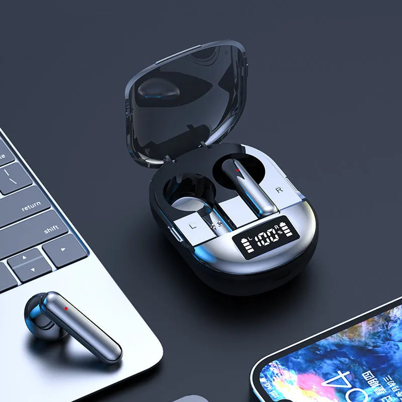 Black wireless Bluetooth in-ear headset with digital display screen and compact charging case