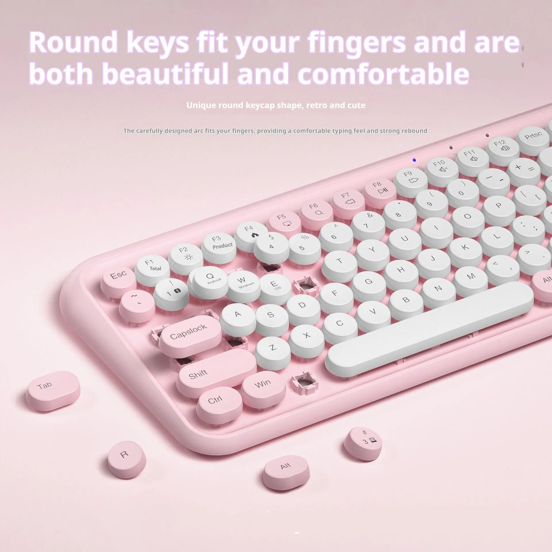 Pink wireless Bluetooth keyboard with 84 keys measuring 339mm wide, featuring crater architecture buttons for quiet typing