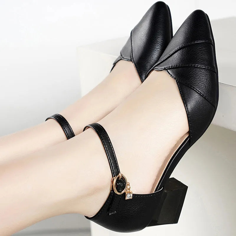 Women's high heel sandals with buckle fastening in apricot and black colours with 4cm and 7cm heel options