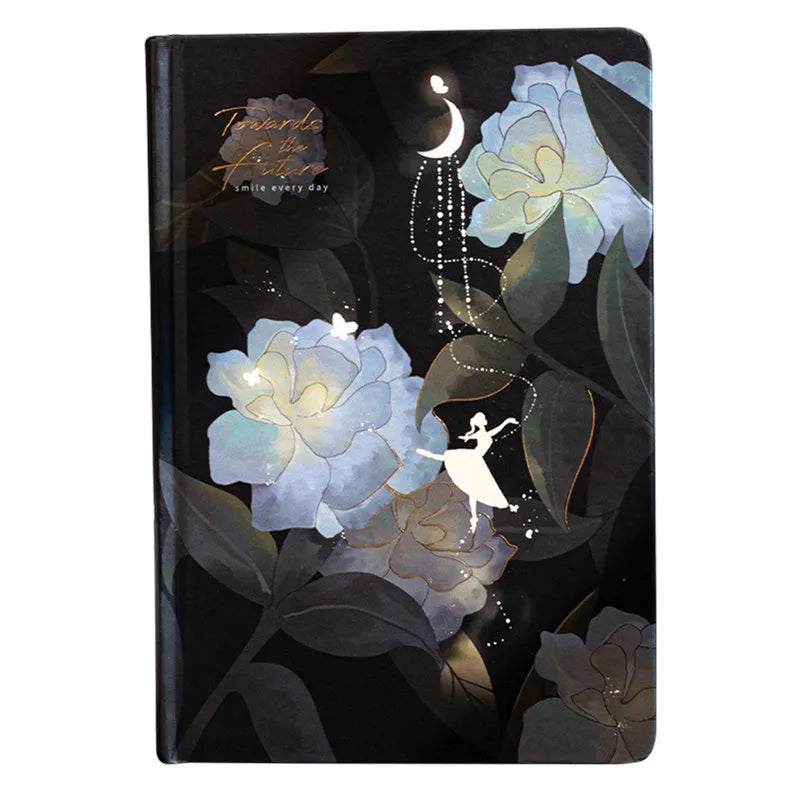 A5 notebook with luminous cover in Deep Blue, open to show colour illustration pages, size 21 x 14.8 cm